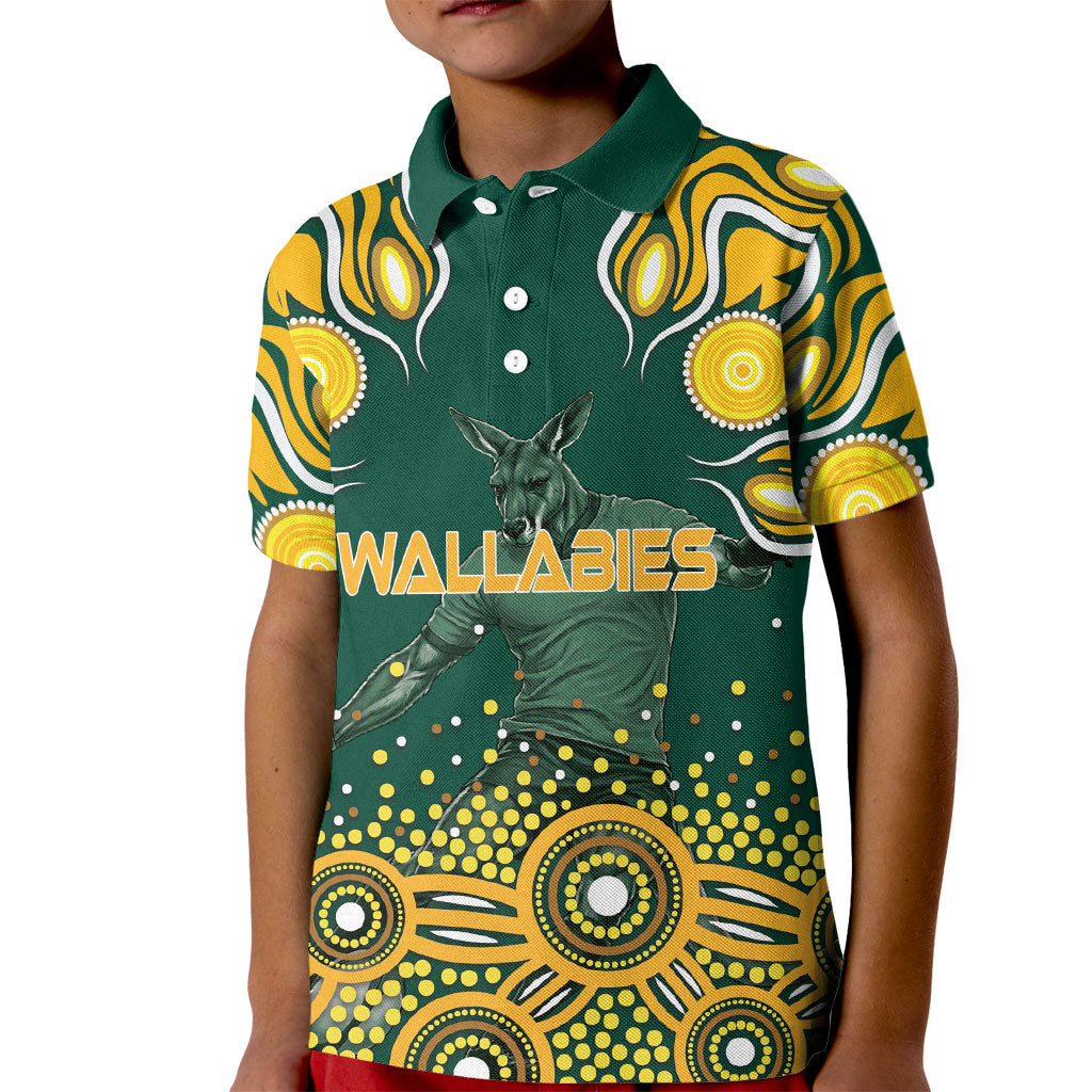 Australia Wallabies Kid Polo Shirt Aboriginal Rugby Kangaroo Mascot - Gold And Green