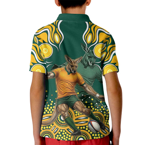 Australia Wallabies Kid Polo Shirt Aboriginal Rugby Kangaroo Mascot - Gold And Green