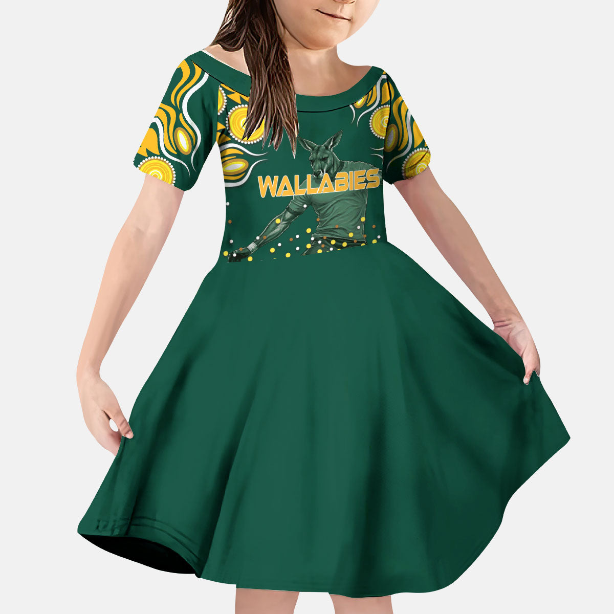 Australia Wallabies Kid Short Sleeve Dress Aboriginal Rugby Kangaroo Mascot - Gold And Green