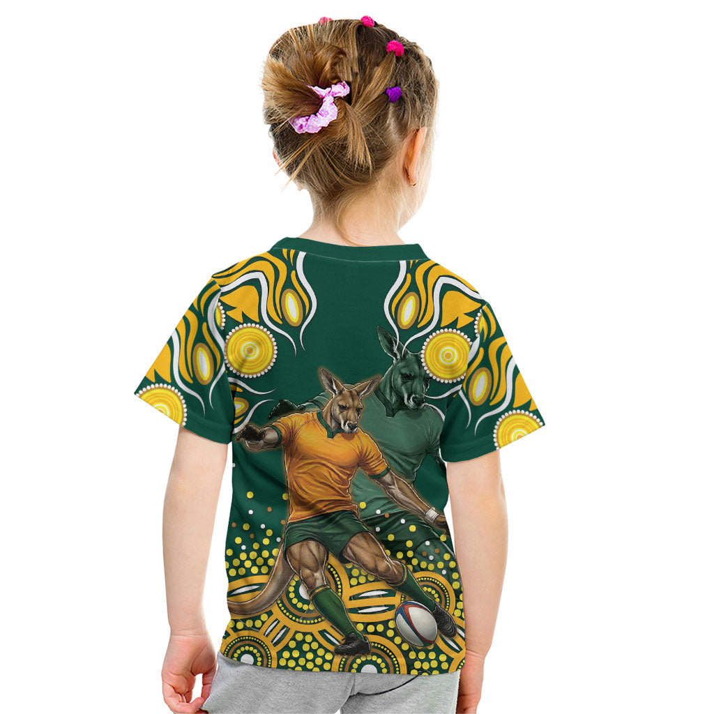 Australia Wallabies Kid T Shirt Aboriginal Rugby Kangaroo Mascot - Gold And Green