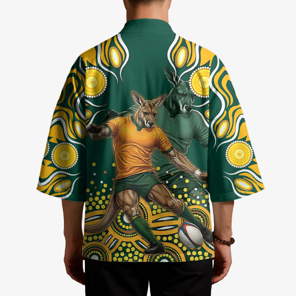 Australia Wallabies Kimono Aboriginal Rugby Kangaroo Mascot - Gold And Green
