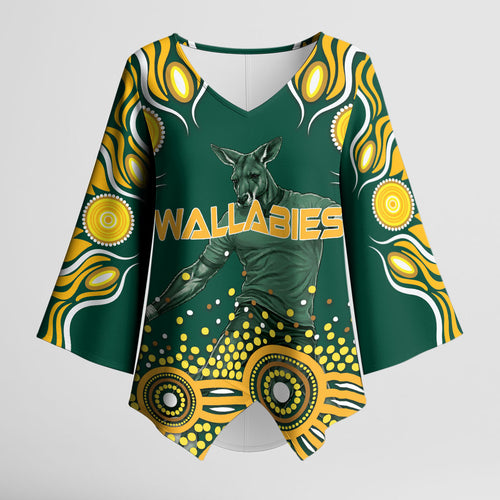 Australia Wallabies Kimono Sleeve Blouse Aboriginal Rugby Kangaroo Mascot - Gold And Green