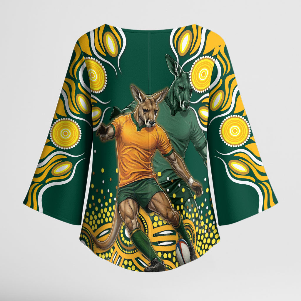 Australia Wallabies Kimono Sleeve Blouse Aboriginal Rugby Kangaroo Mascot - Gold And Green