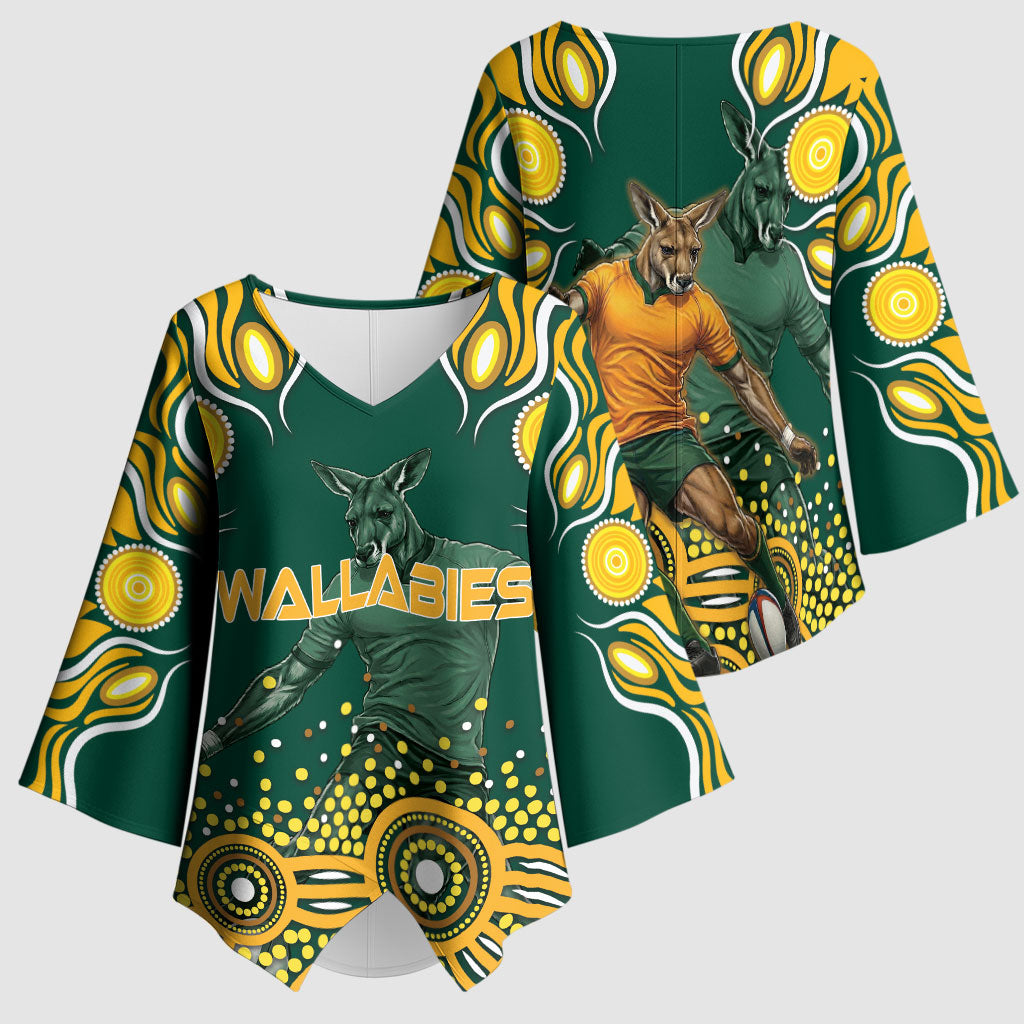 Australia Wallabies Kimono Sleeve Blouse Aboriginal Rugby Kangaroo Mascot - Gold And Green