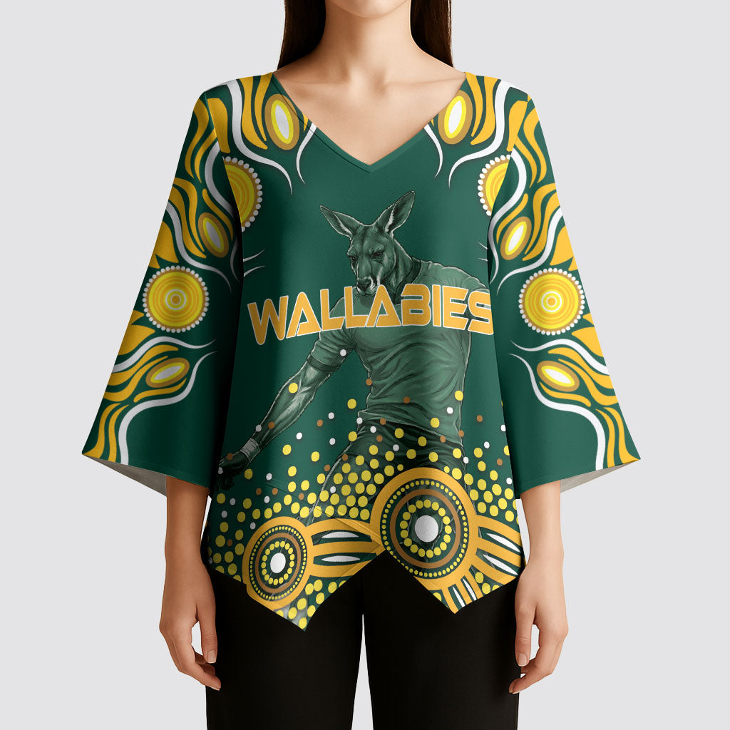 Australia Wallabies Kimono Sleeve Blouse Aboriginal Rugby Kangaroo Mascot - Gold And Green