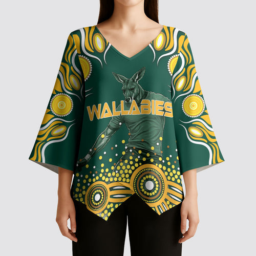 Australia Wallabies Kimono Sleeve Blouse Aboriginal Rugby Kangaroo Mascot - Gold And Green