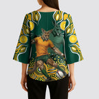 Australia Wallabies Kimono Sleeve Blouse Aboriginal Rugby Kangaroo Mascot - Gold And Green