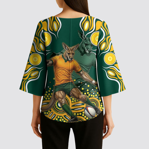 Australia Wallabies Kimono Sleeve Blouse Aboriginal Rugby Kangaroo Mascot - Gold And Green
