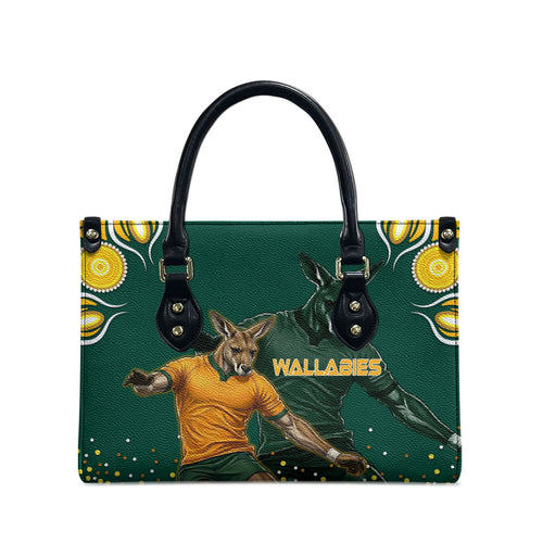 Australia Wallabies Leather Bag Aboriginal Rugby Kangaroo Mascot - Gold And Green