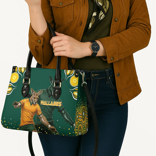 Australia Wallabies Leather Bag Aboriginal Rugby Kangaroo Mascot - Gold And Green
