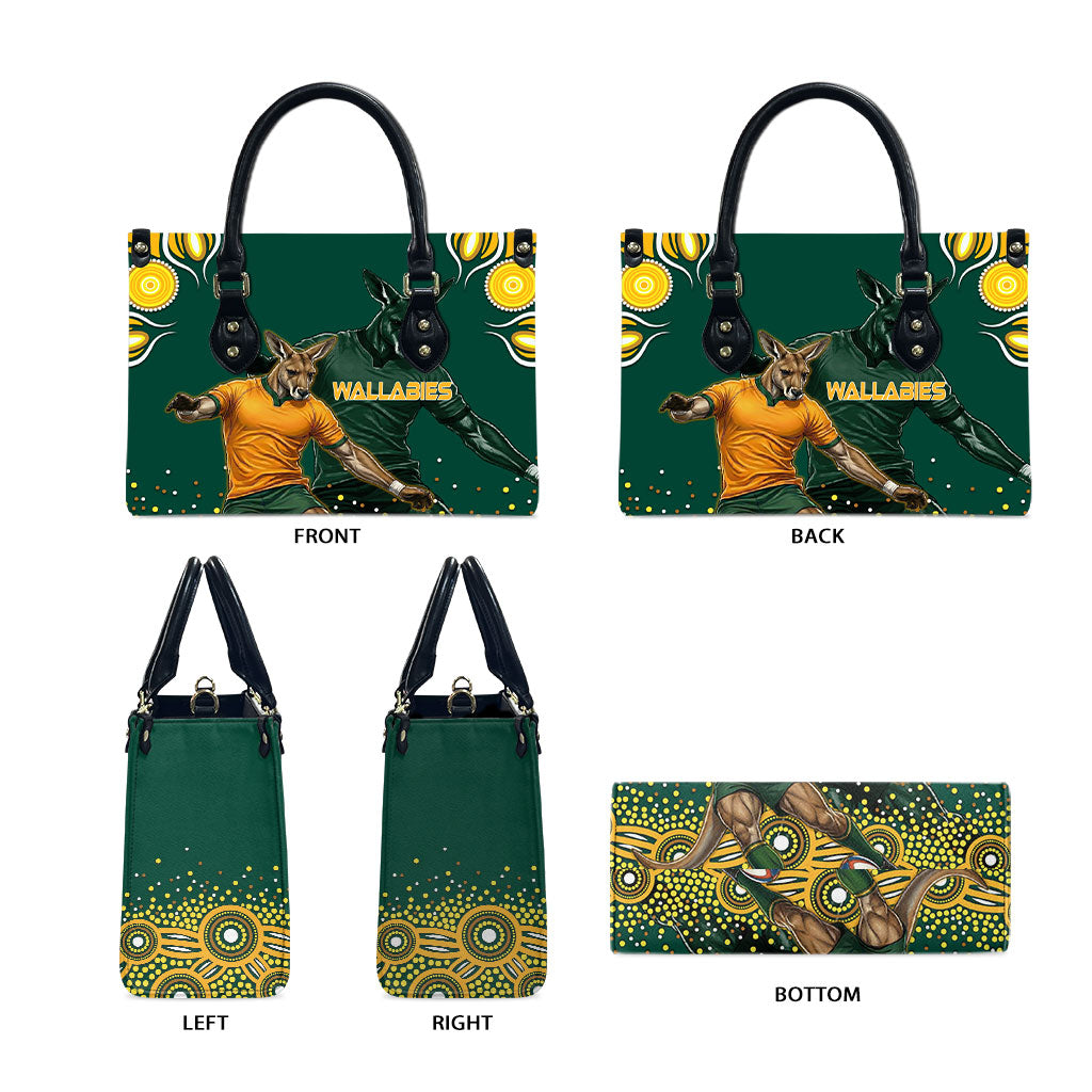 Australia Wallabies Leather Bag Aboriginal Rugby Kangaroo Mascot - Gold And Green