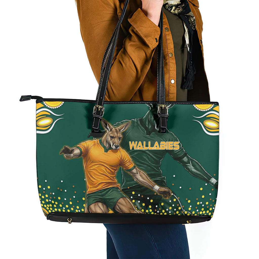 Australia Wallabies Leather Tote Bag Aboriginal Rugby Kangaroo Mascot - Gold And Green