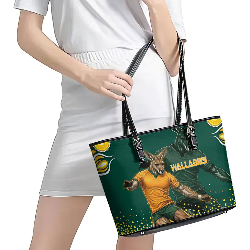 Australia Wallabies Leather Tote Bag Aboriginal Rugby Kangaroo Mascot - Gold And Green
