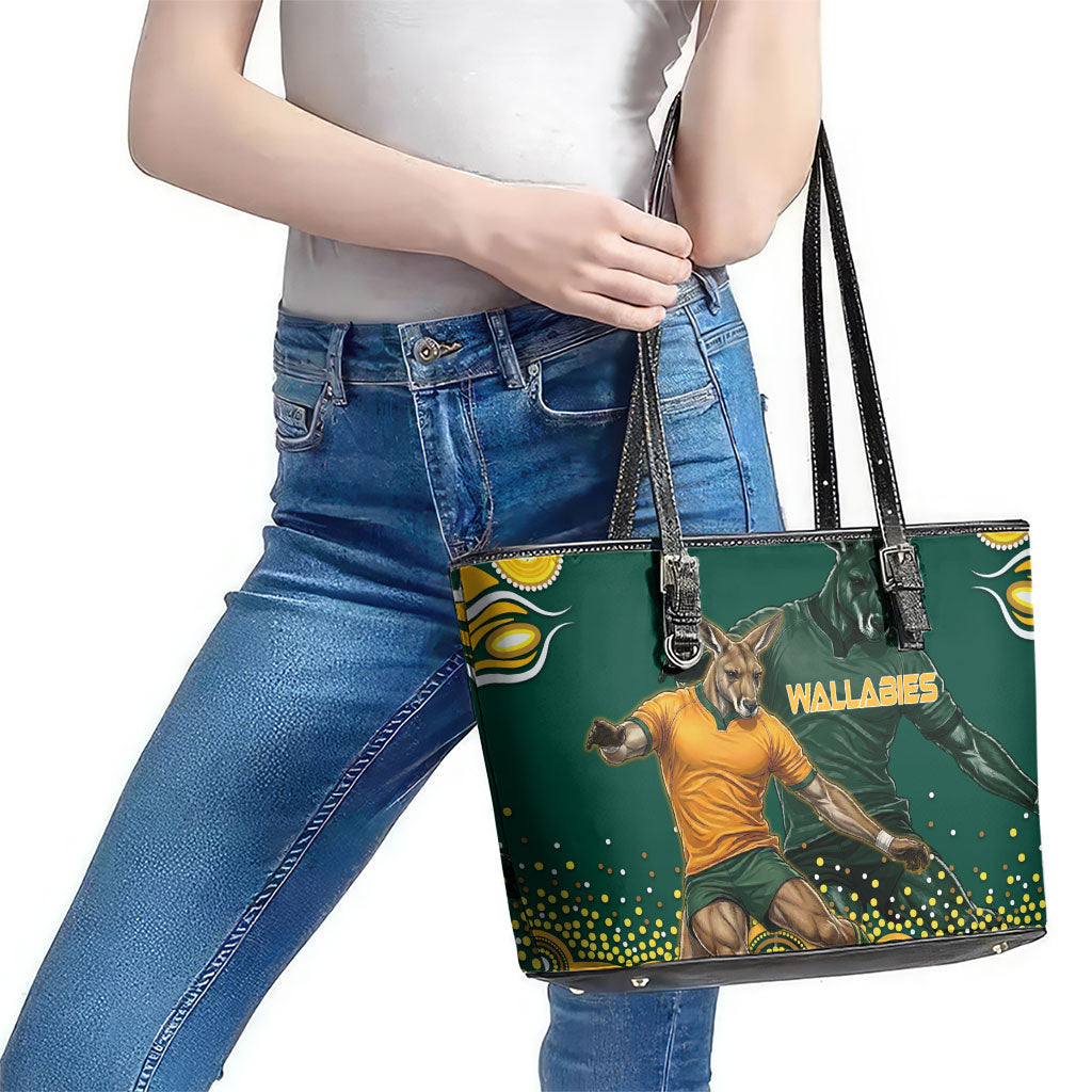 Australia Wallabies Leather Tote Bag Aboriginal Rugby Kangaroo Mascot - Gold And Green