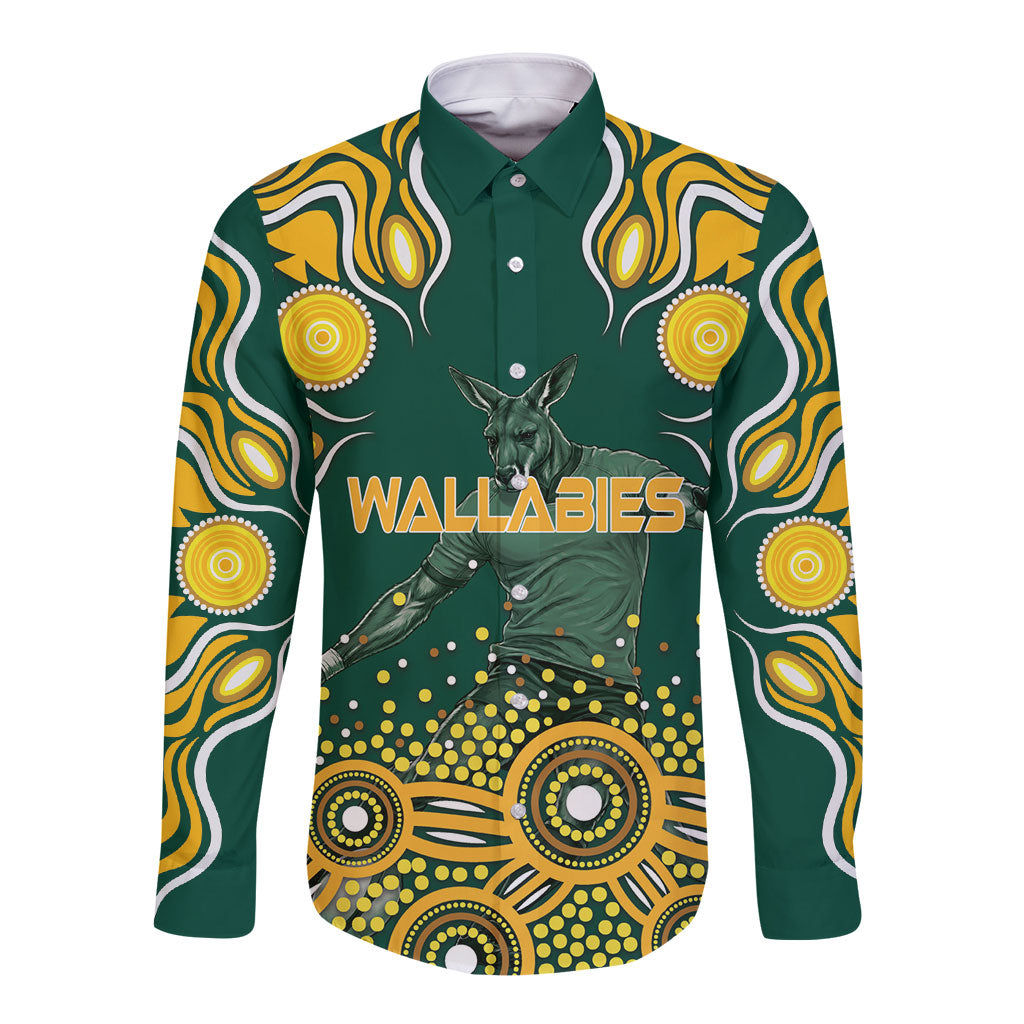 Australia Wallabies Long Sleeve Button Shirt Aboriginal Rugby Kangaroo Mascot - Gold And Green