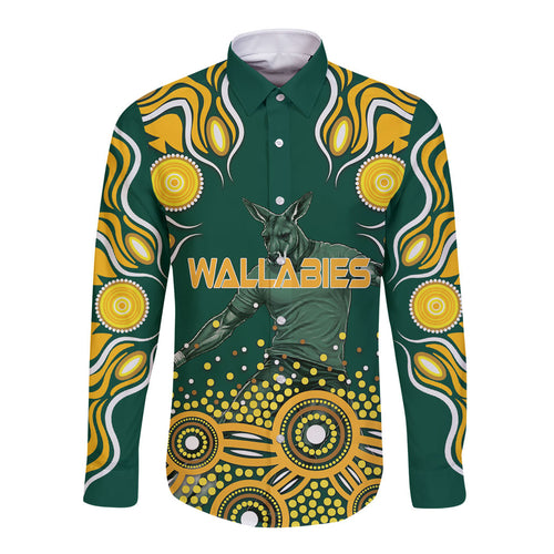 Australia Wallabies Long Sleeve Button Shirt Aboriginal Rugby Kangaroo Mascot - Gold And Green