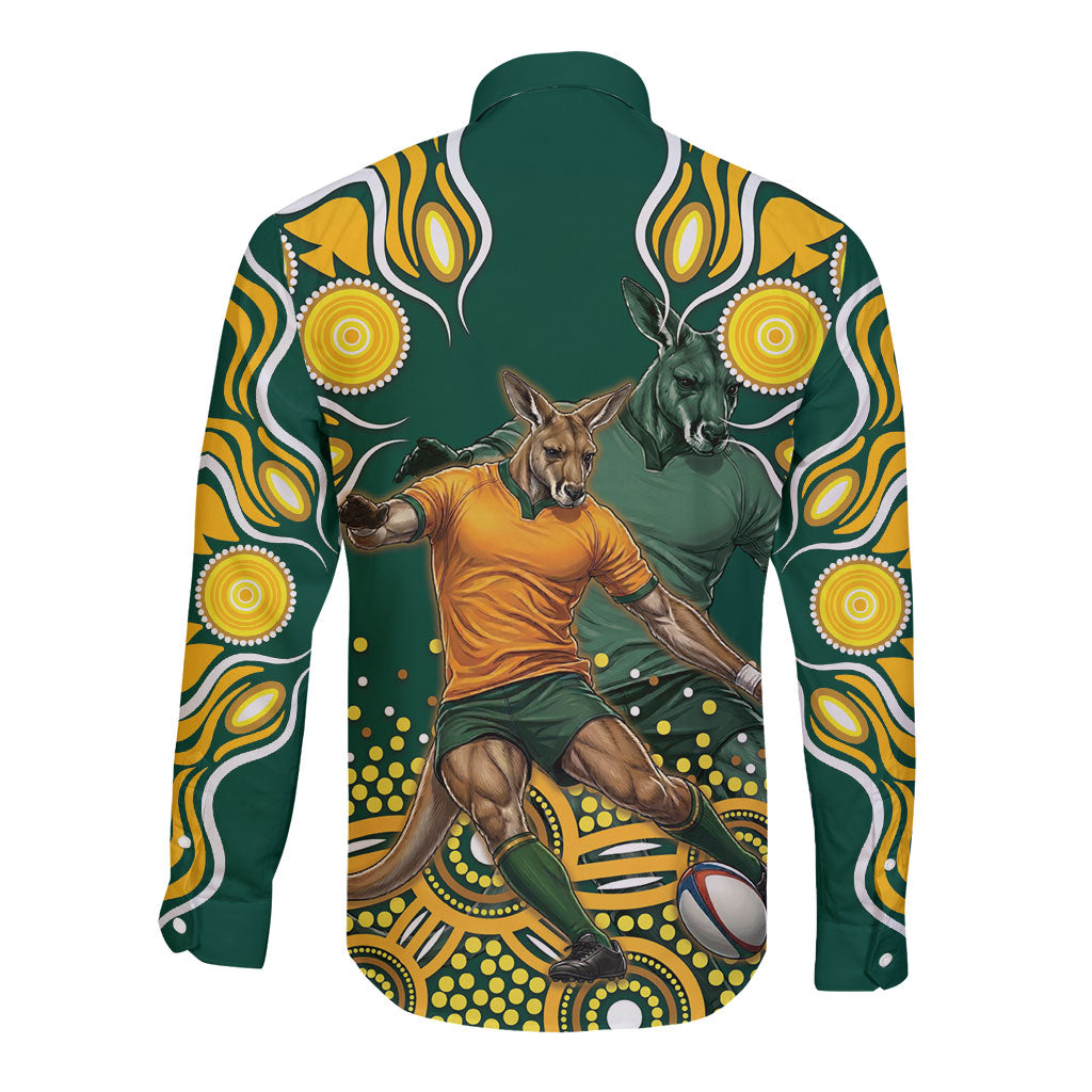 Australia Wallabies Long Sleeve Button Shirt Aboriginal Rugby Kangaroo Mascot - Gold And Green