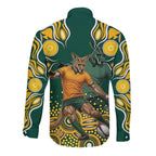 Australia Wallabies Long Sleeve Button Shirt Aboriginal Rugby Kangaroo Mascot - Gold And Green