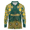 Australia Wallabies Long Sleeve Polo Shirt Aboriginal Rugby Kangaroo Mascot - Gold And Green