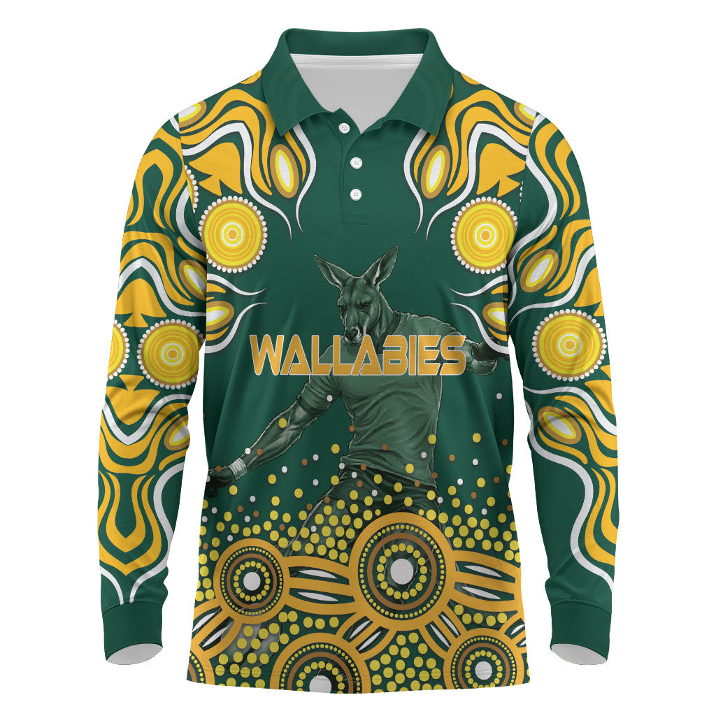 Australia Wallabies Long Sleeve Polo Shirt Aboriginal Rugby Kangaroo Mascot - Gold And Green