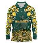 Australia Wallabies Long Sleeve Polo Shirt Aboriginal Rugby Kangaroo Mascot - Gold And Green