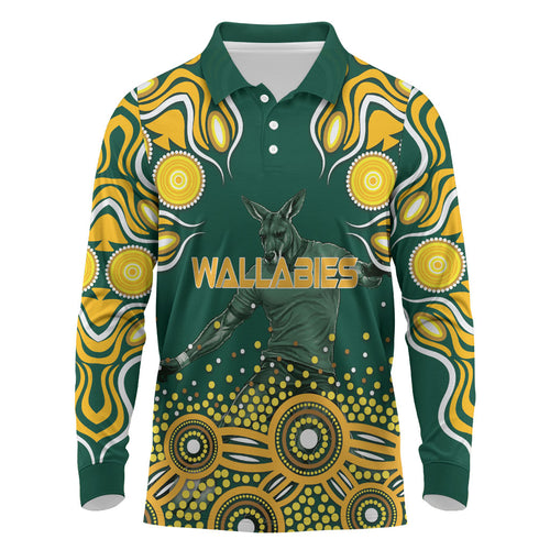Australia Wallabies Long Sleeve Polo Shirt Aboriginal Rugby Kangaroo Mascot - Gold And Green