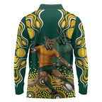 Australia Wallabies Long Sleeve Polo Shirt Aboriginal Rugby Kangaroo Mascot - Gold And Green