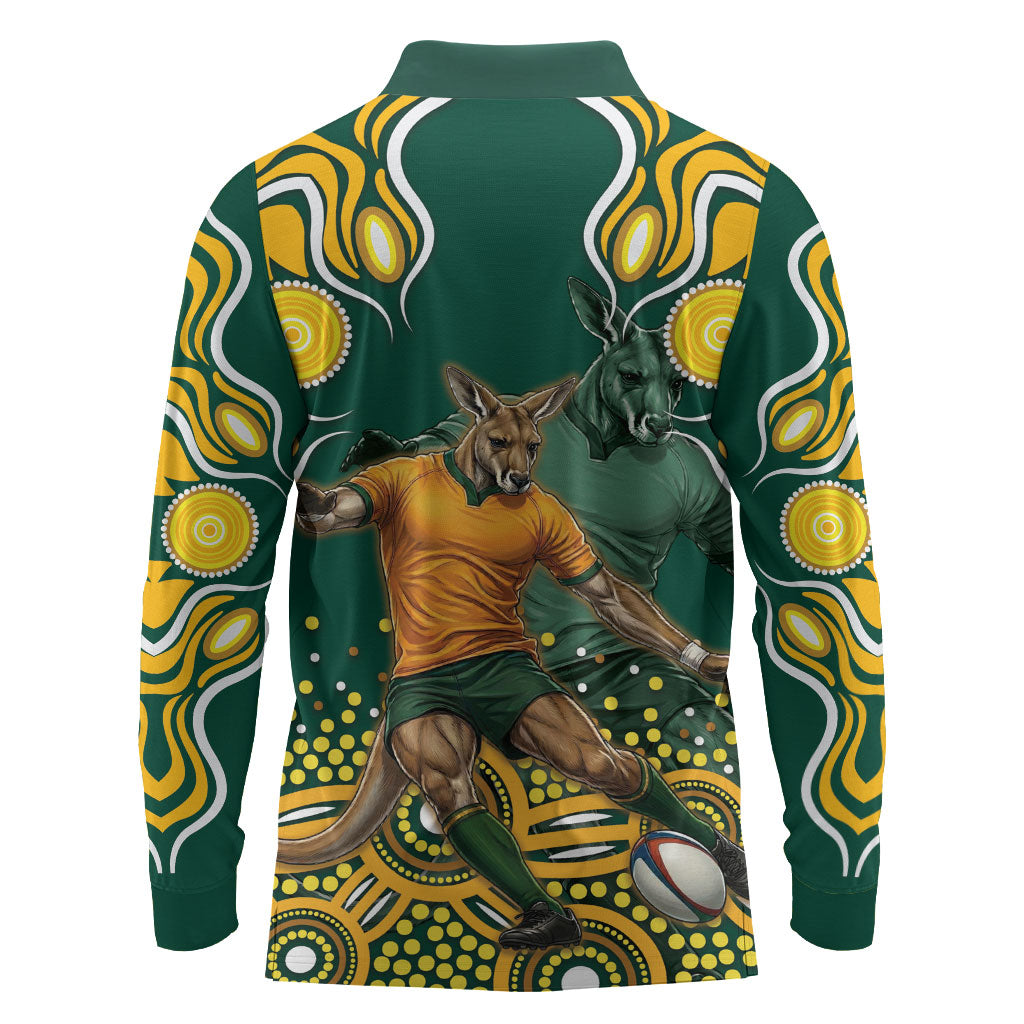 Australia Wallabies Long Sleeve Polo Shirt Aboriginal Rugby Kangaroo Mascot - Gold And Green
