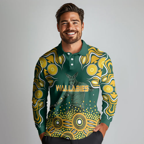 Australia Wallabies Long Sleeve Polo Shirt Aboriginal Rugby Kangaroo Mascot - Gold And Green
