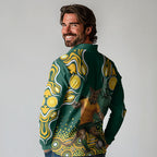 Australia Wallabies Long Sleeve Polo Shirt Aboriginal Rugby Kangaroo Mascot - Gold And Green