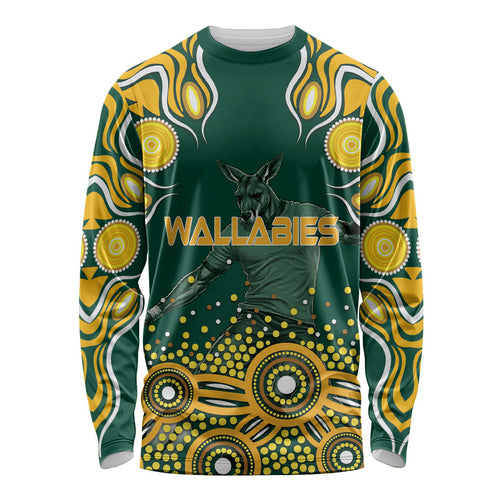 Australia Wallabies Long Sleeve Shirt Aboriginal Rugby Kangaroo Mascot - Gold And Green