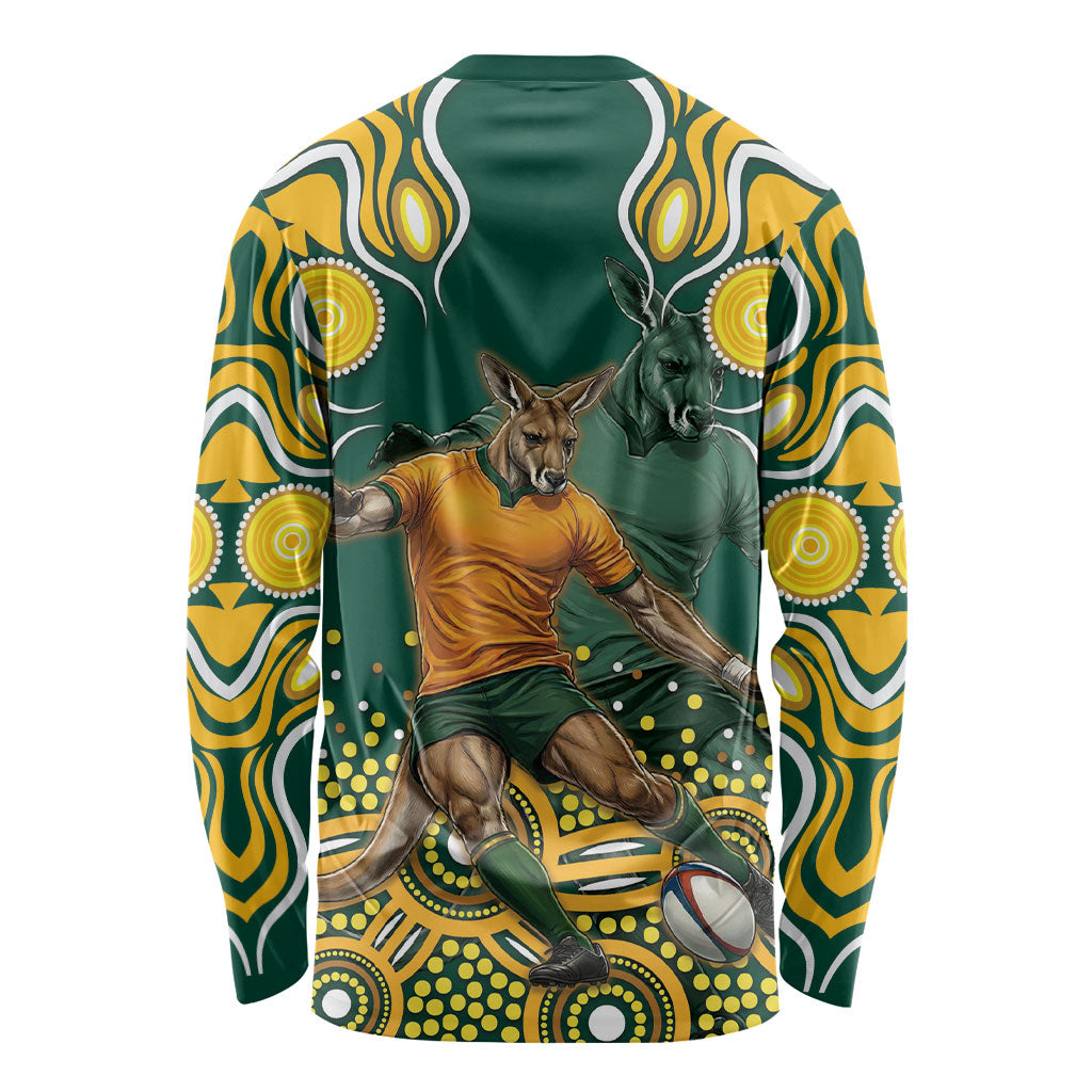 Australia Wallabies Long Sleeve Shirt Aboriginal Rugby Kangaroo Mascot - Gold And Green