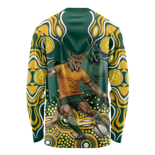 Australia Wallabies Long Sleeve Shirt Aboriginal Rugby Kangaroo Mascot - Gold And Green