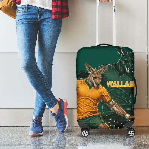 Australia Wallabies Luggage Cover Aboriginal Rugby Kangaroo Mascot - Gold And Green