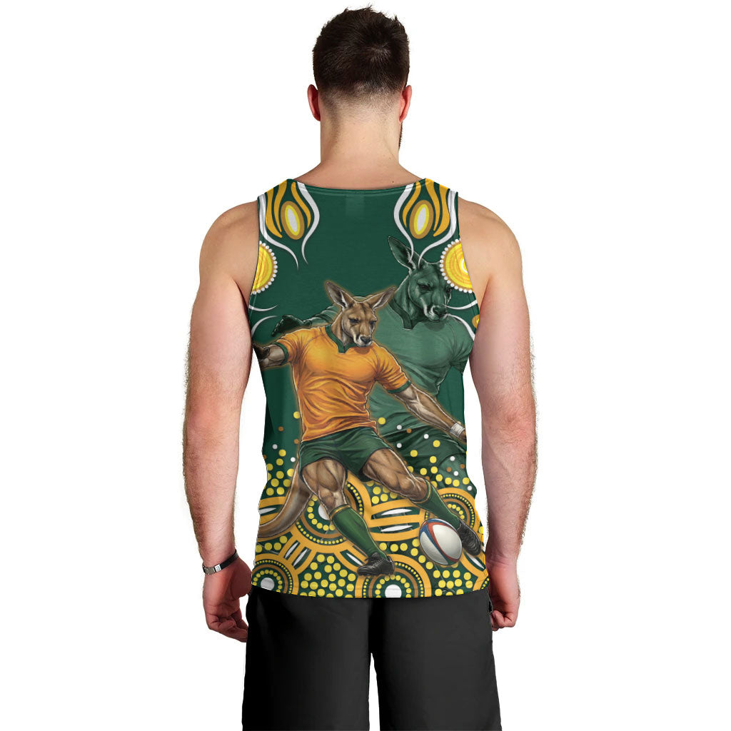 Australia Wallabies Men Tank Top Aboriginal Rugby Kangaroo Mascot - Gold And Green