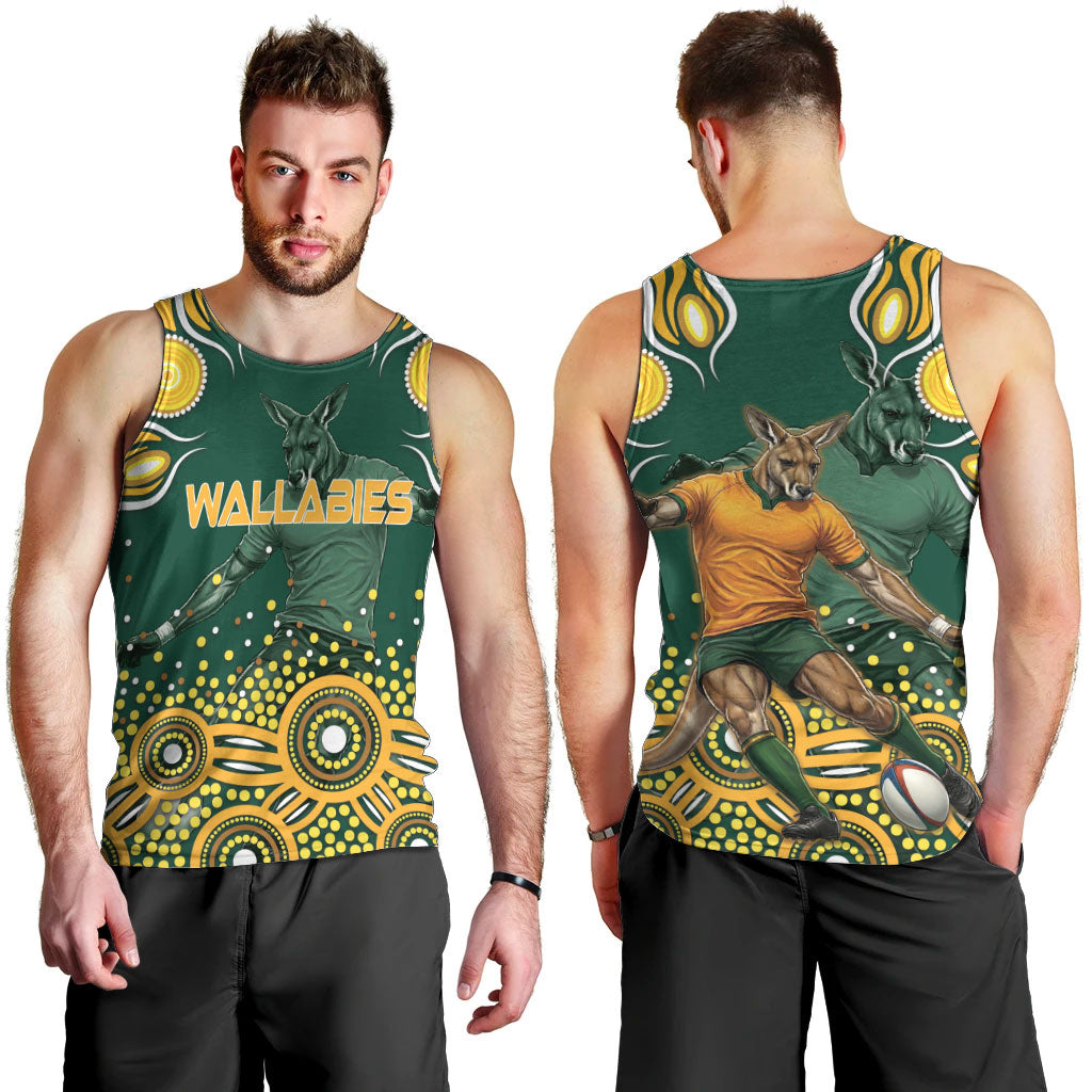 Australia Wallabies Men Tank Top Aboriginal Rugby Kangaroo Mascot - Gold And Green