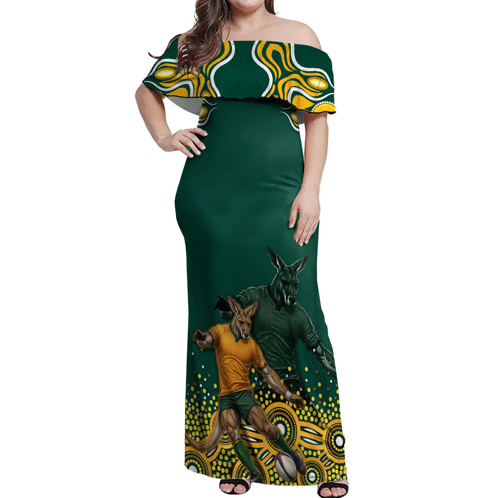 Australia Wallabies Off Shoulder Maxi Dress Aboriginal Rugby Kangaroo Mascot - Gold And Green