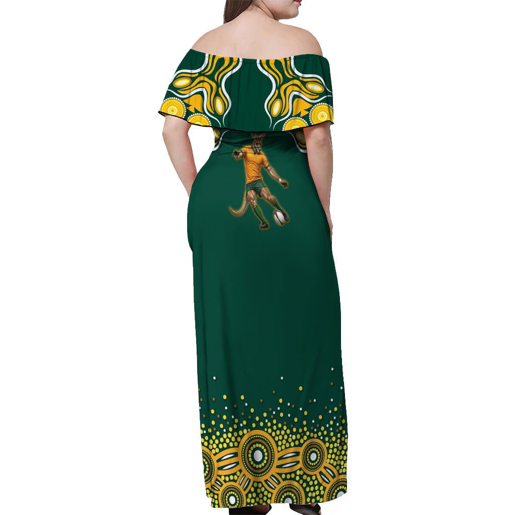 Australia Wallabies Off Shoulder Maxi Dress Aboriginal Rugby Kangaroo Mascot - Gold And Green