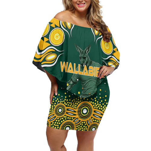 Australia Wallabies Off Shoulder Short Dress Aboriginal Rugby Kangaroo Mascot - Gold And Green