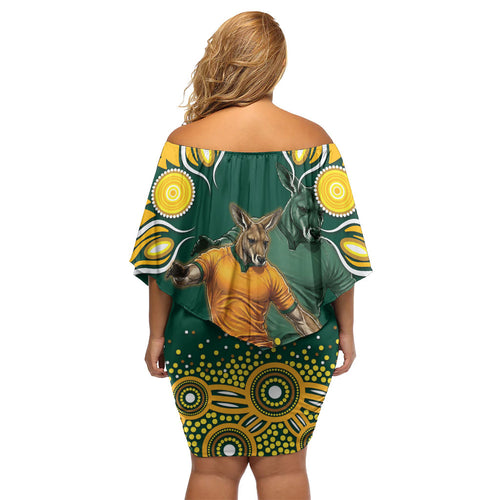 Australia Wallabies Off Shoulder Short Dress Aboriginal Rugby Kangaroo Mascot - Gold And Green