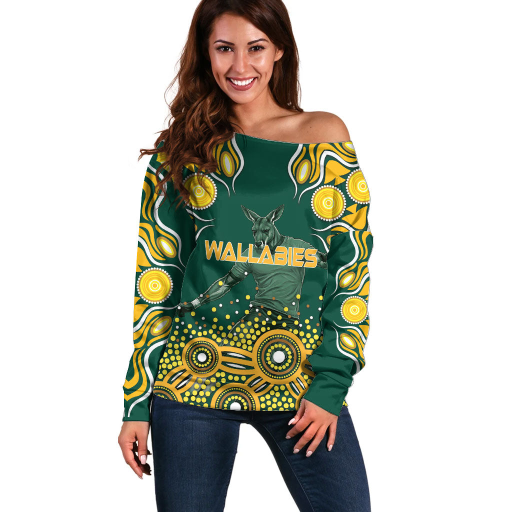 Australia Wallabies Off Shoulder Sweater Aboriginal Rugby Kangaroo Mascot - Gold And Green