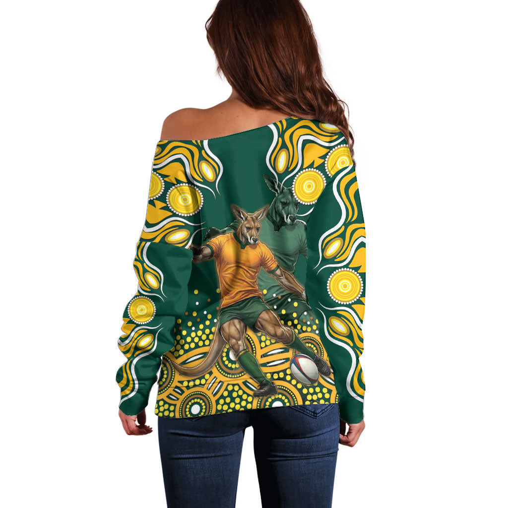 Australia Wallabies Off Shoulder Sweater Aboriginal Rugby Kangaroo Mascot - Gold And Green