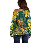 Australia Wallabies Off Shoulder Sweater Aboriginal Rugby Kangaroo Mascot - Gold And Green