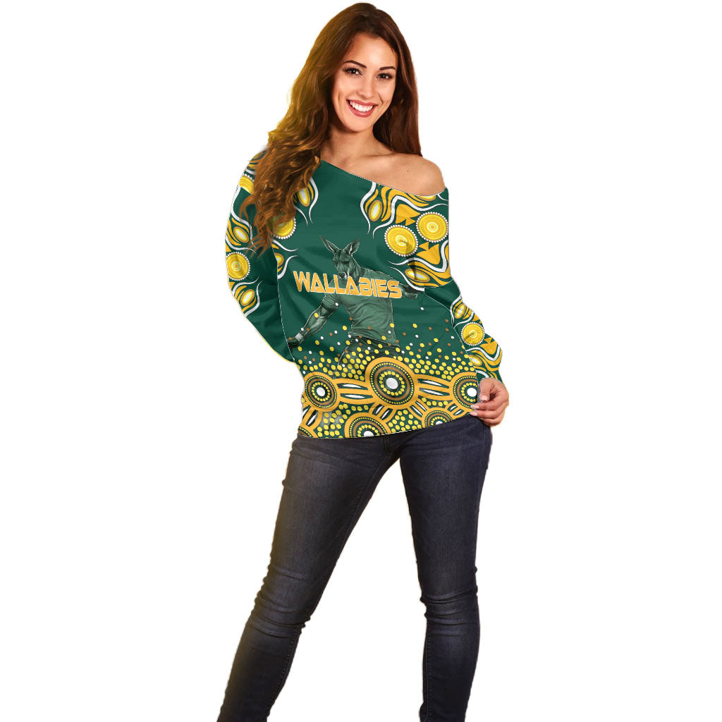 Australia Wallabies Off Shoulder Sweater Aboriginal Rugby Kangaroo Mascot - Gold And Green