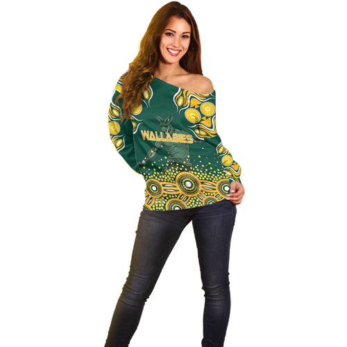 Australia Wallabies Off Shoulder Sweater Aboriginal Rugby Kangaroo Mascot - Gold And Green