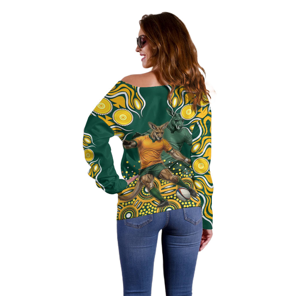 Australia Wallabies Off Shoulder Sweater Aboriginal Rugby Kangaroo Mascot - Gold And Green