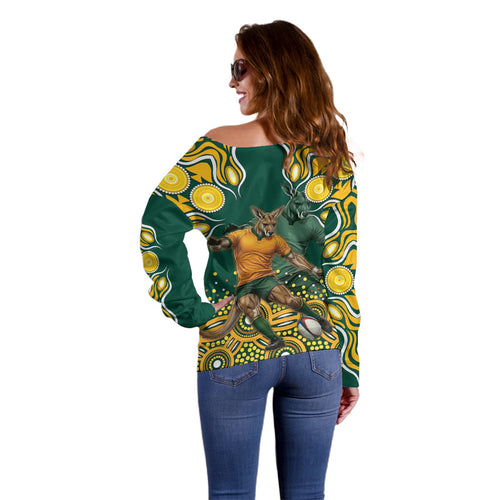 Australia Wallabies Off Shoulder Sweater Aboriginal Rugby Kangaroo Mascot - Gold And Green