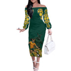 Australia Wallabies Off The Shoulder Long Sleeve Dress Aboriginal Rugby Kangaroo Mascot - Gold And Green