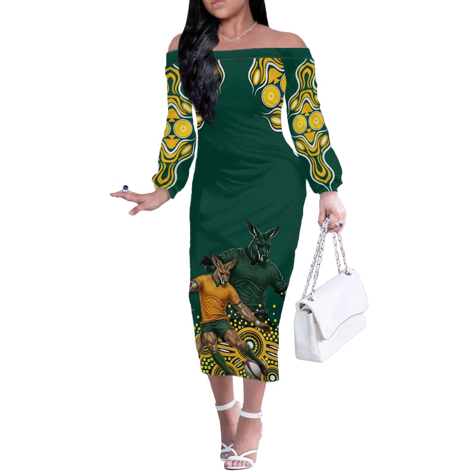Australia Wallabies Off The Shoulder Long Sleeve Dress Aboriginal Rugby Kangaroo Mascot - Gold And Green