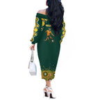 Australia Wallabies Off The Shoulder Long Sleeve Dress Aboriginal Rugby Kangaroo Mascot - Gold And Green